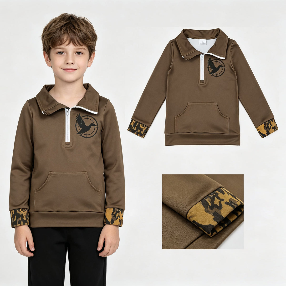 Camo long sleeves duck kids pocket zipper pullover