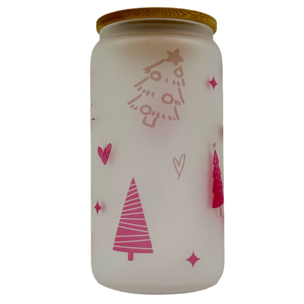 16oz Red Christmas Tree Xmas Glass Can Tumbler With Straw, rubber bottom & Bamboo Lid