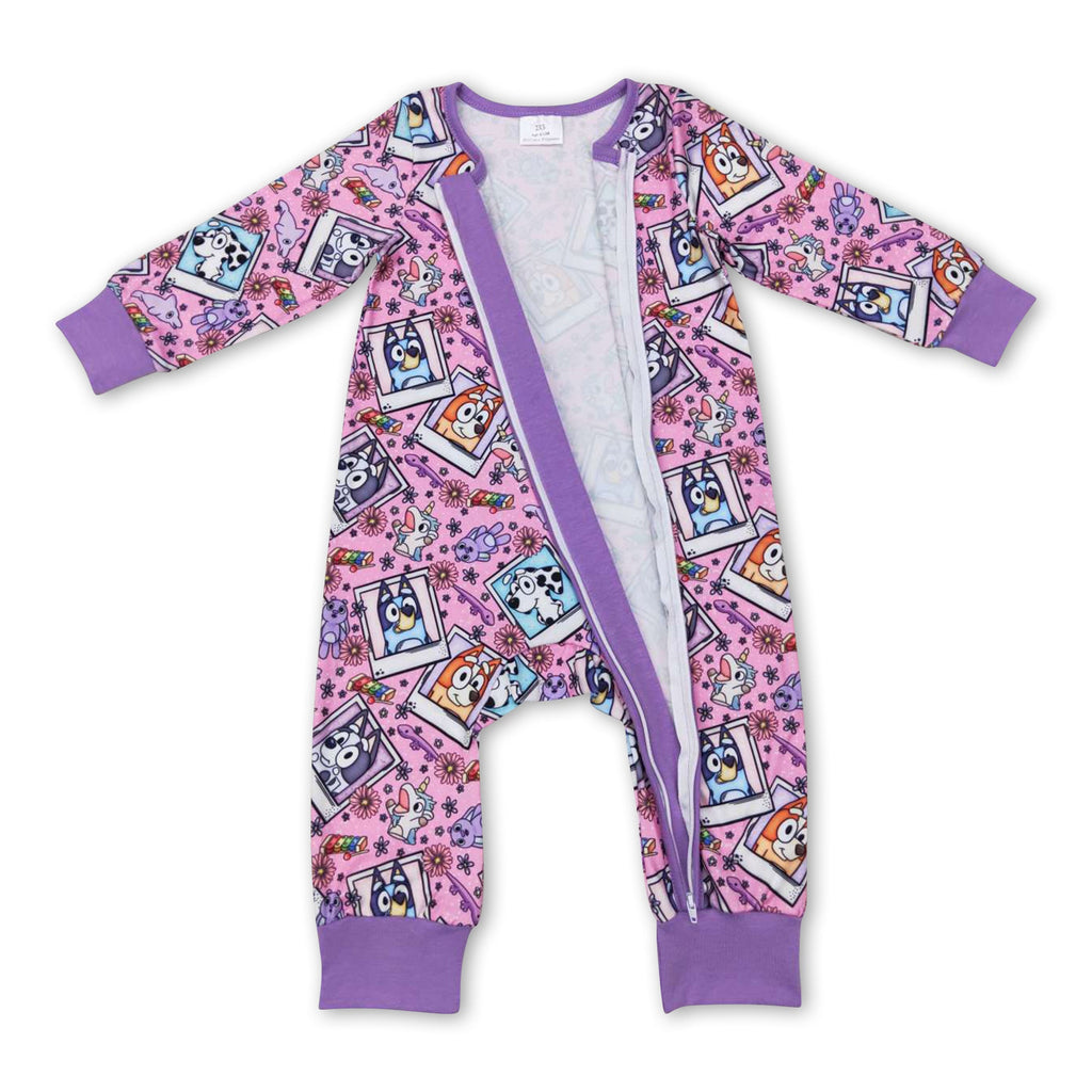 Long sleeves dog print baby girls zipper romper