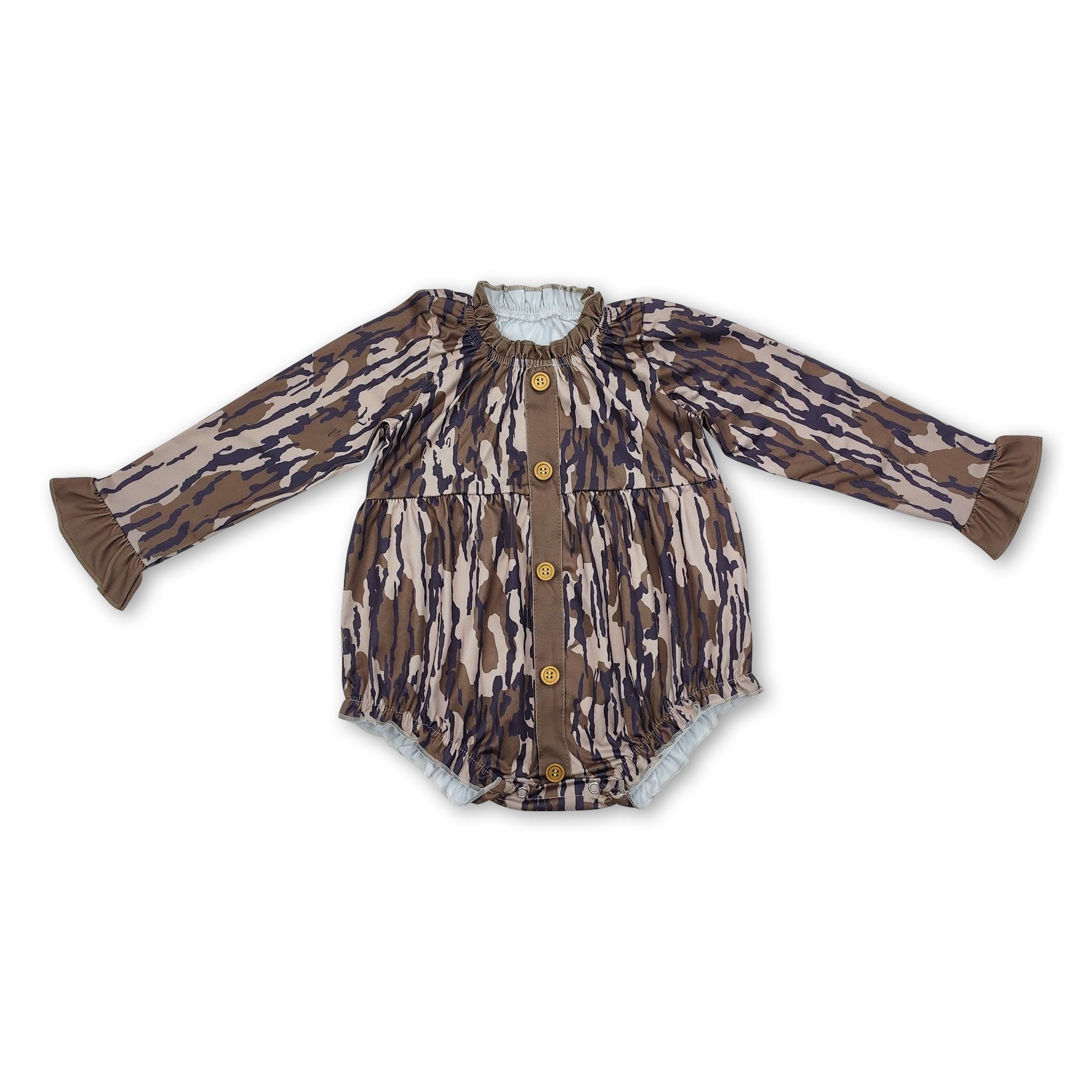 Ruffle long sleeves camo button baby girls romper