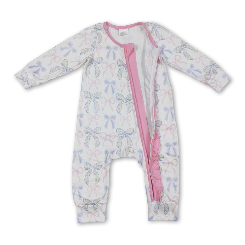 Long sleeves pink ruffle bow baby girls zipper romper