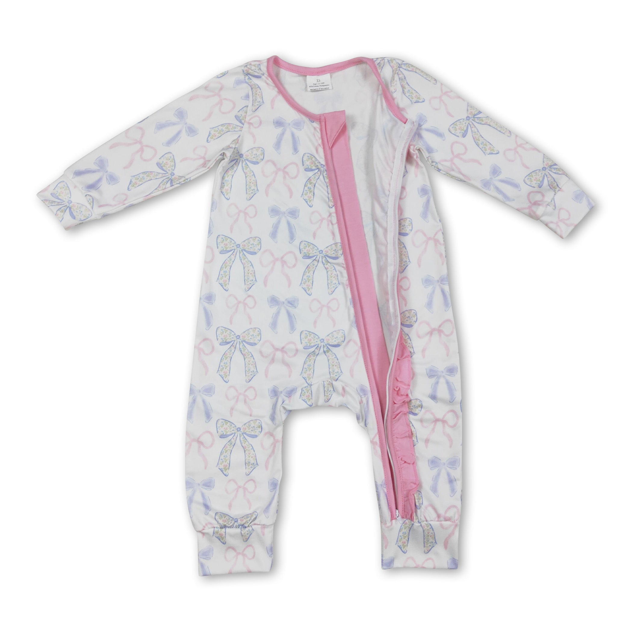Long sleeves pink ruffle bow baby girls zipper romper