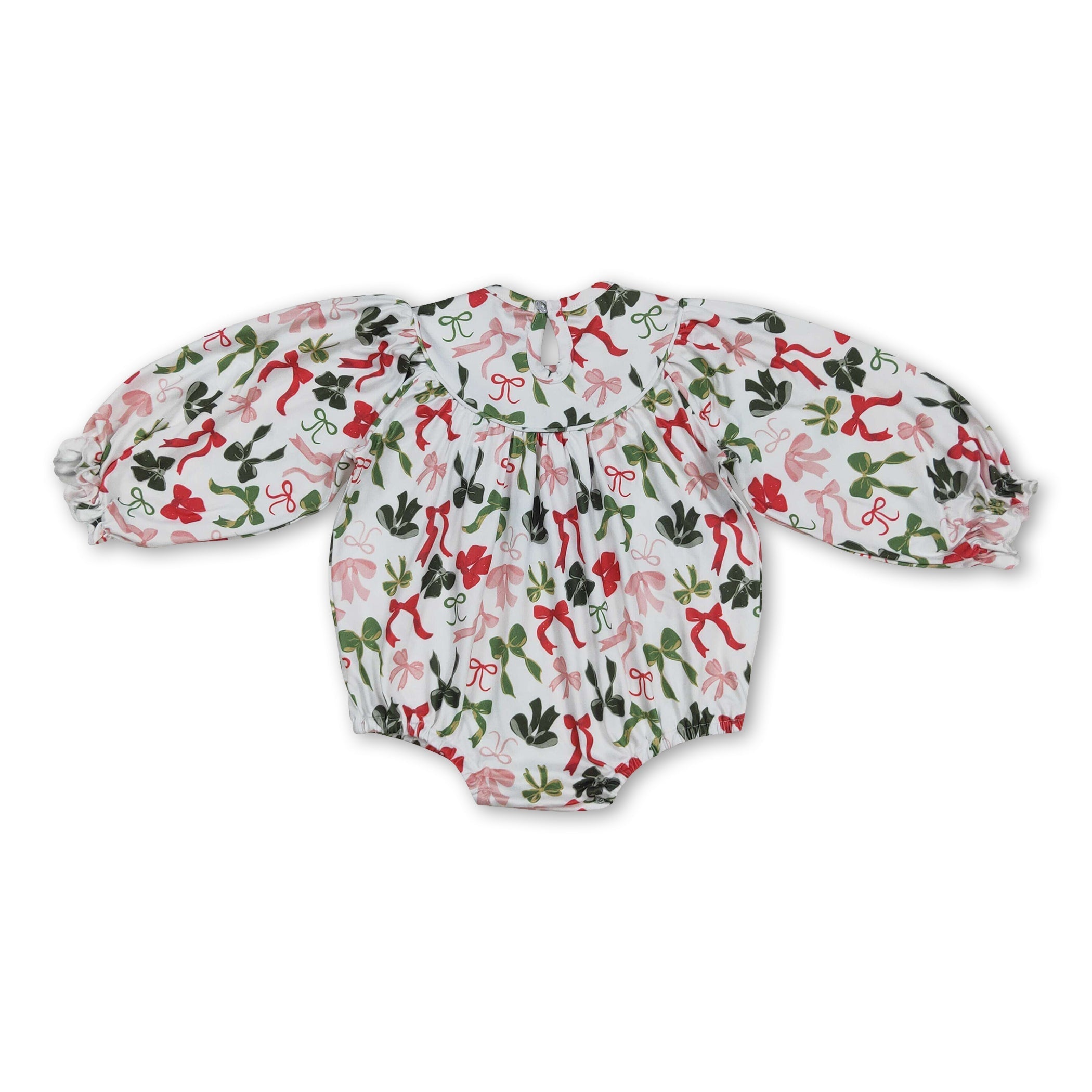 Long sleeves green red bow girls Christmas romper