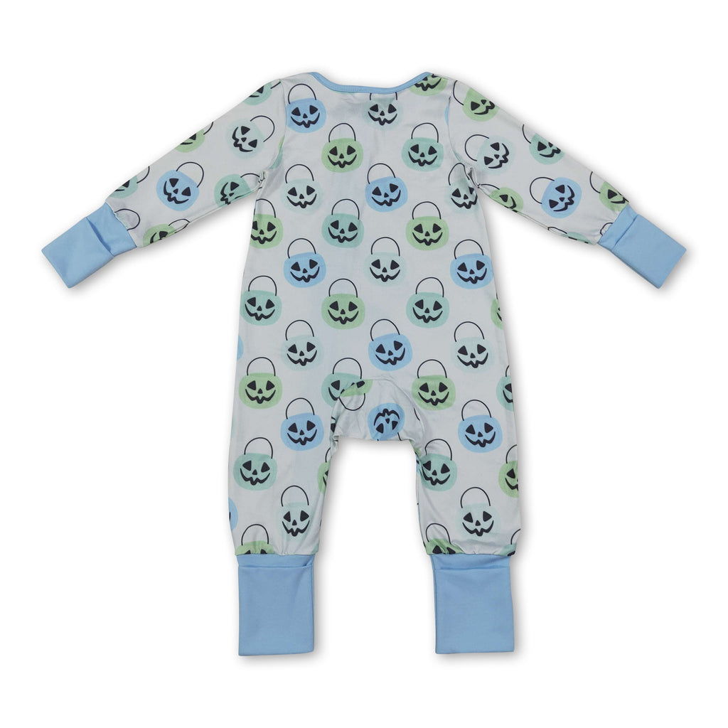 Light blue pumpkin basket baby boy Halloween zipper romper