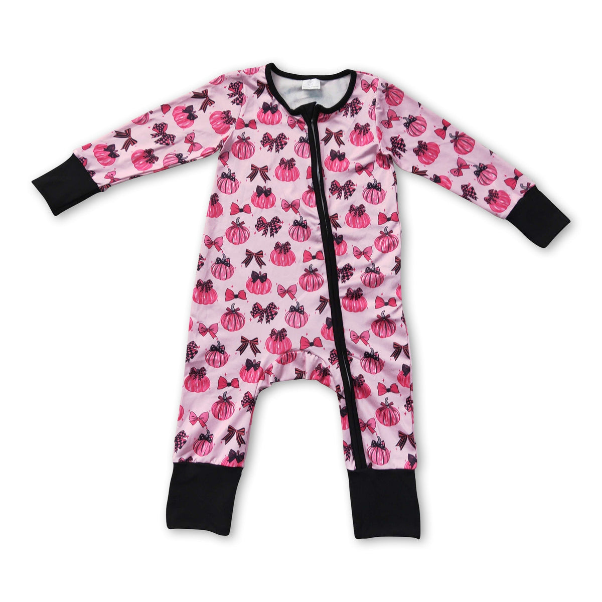 Long sleeves pink pumpkin bows baby fall zipper romper