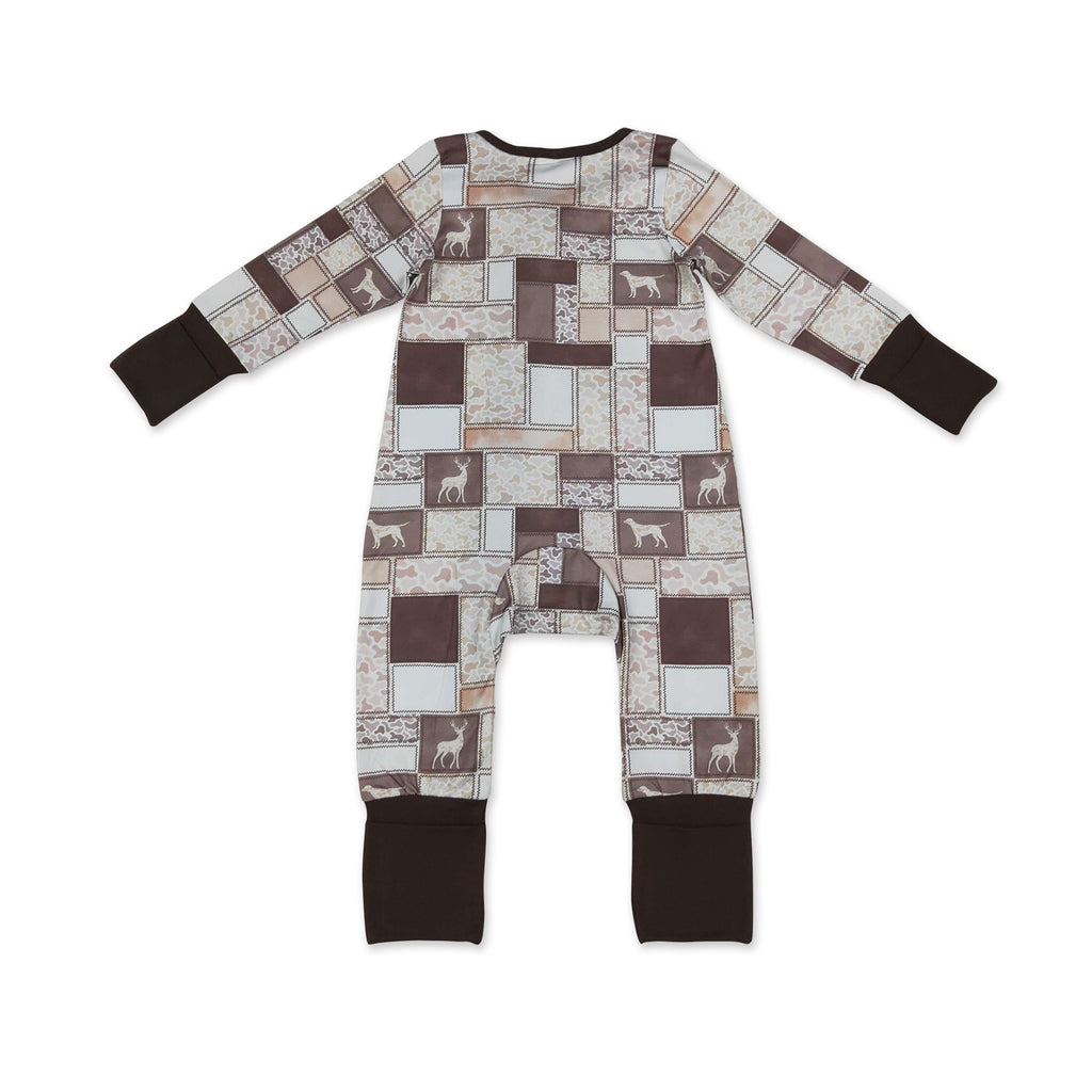 Long sleeves brown camo hunting dog baby boy zipper romper