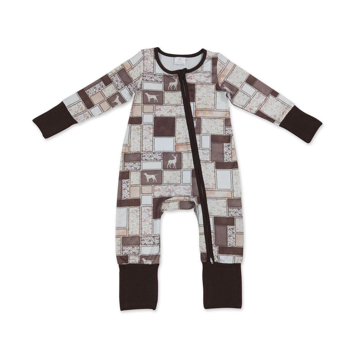 Long sleeves brown camo hunting dog baby boy zipper romper