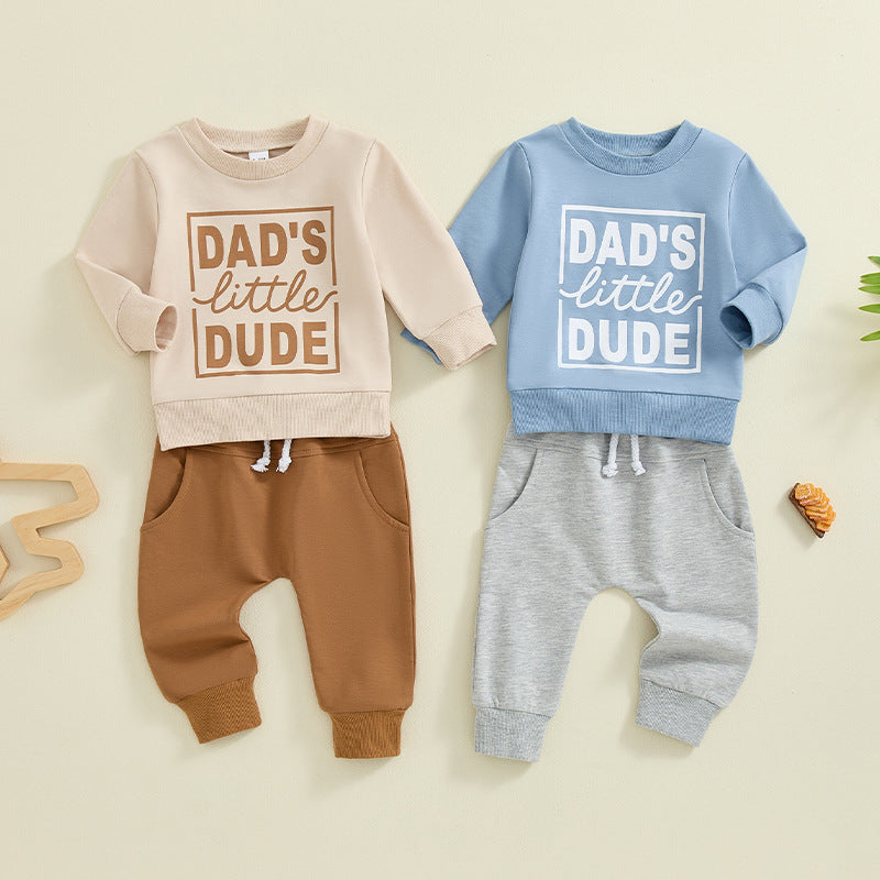 Boys' Letter Printed Long-sleeved Pullover Sweater Solid Color Trousers Two-piece Set