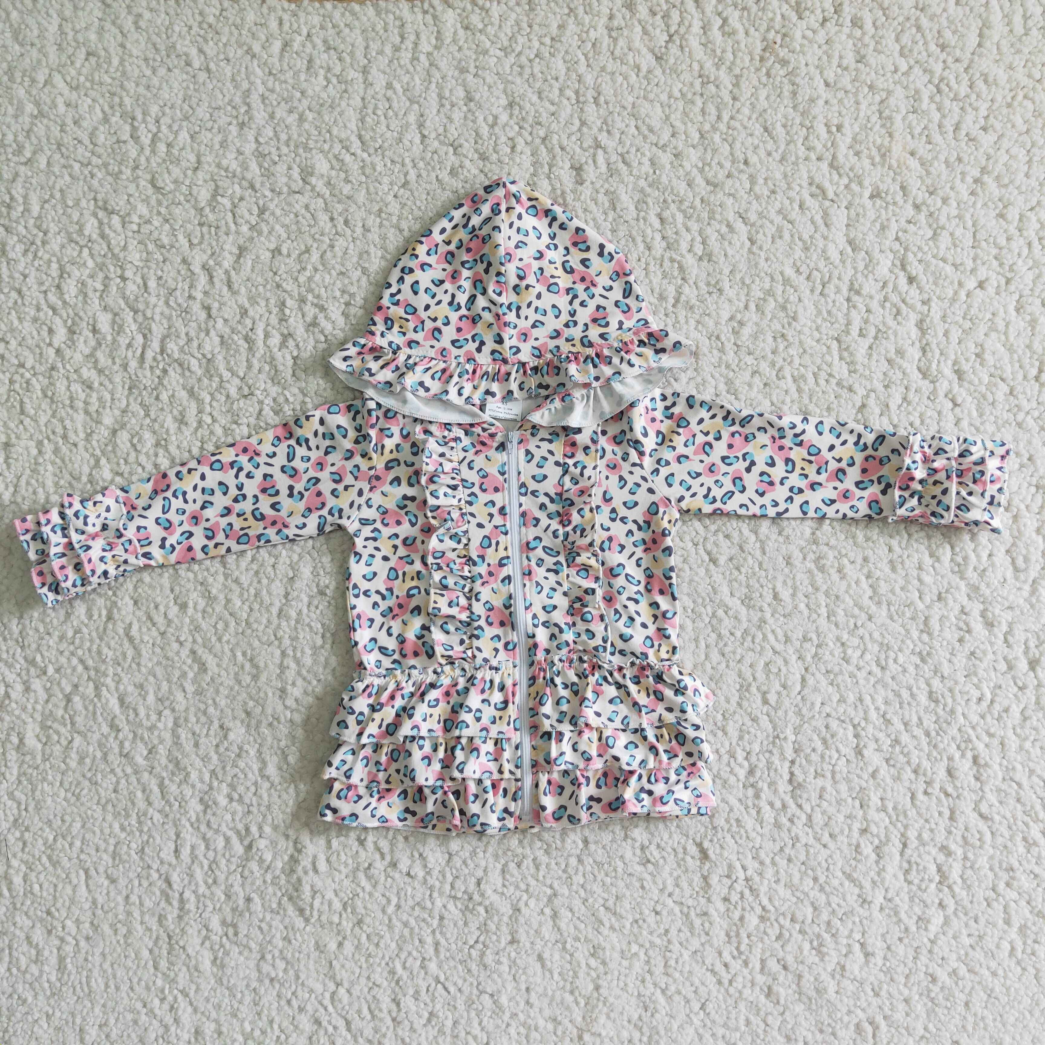 White colorful leopard zipper girls ruffle hoodie cardigan