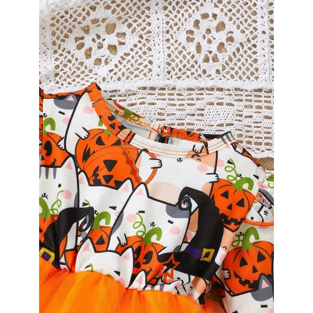 0-3 Years Baby Girl Halloween Dress Long Sleeve Cute Kitten Pumpkin Print Mesh Dress Vacation Toddler Girl Party Costumes