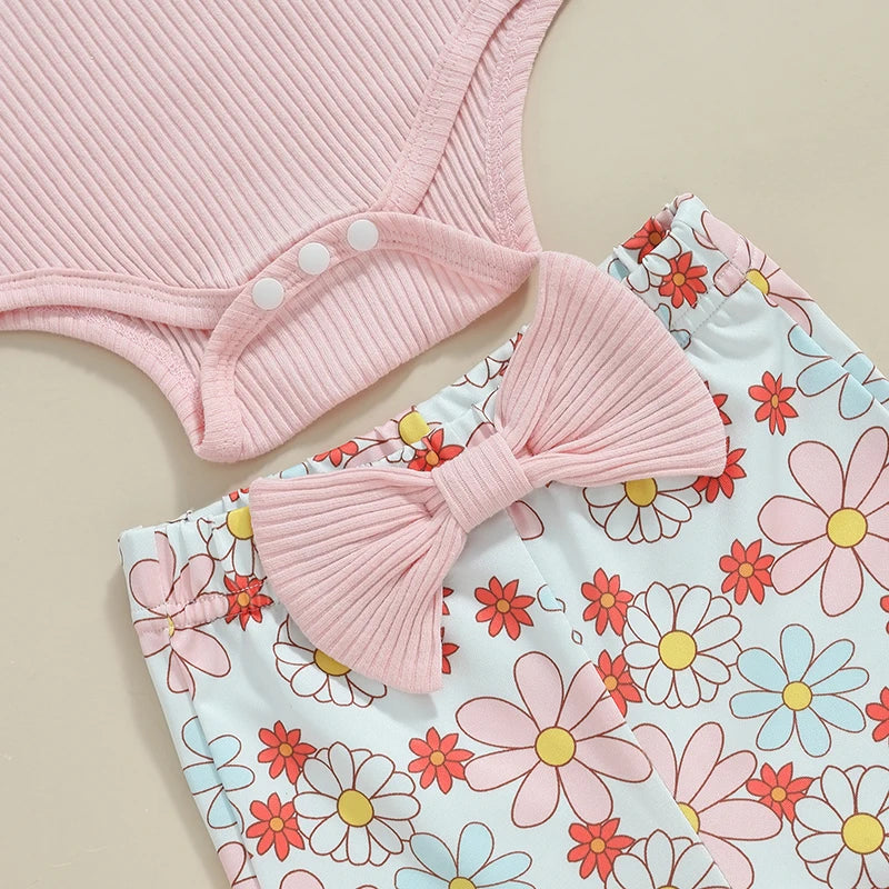 2024-05-27 Lioraitiin Baby Girl Fall Outfit, Ruffle Ribbed Long Sleeve Romper Flower Flare Pants Tie Bow 3 Piece Set