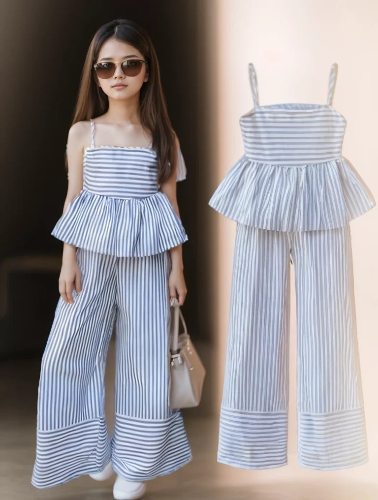Girls' Summer Early Autumn Casual Outfit Children's Striped Set Girls' Camisole Top + Wide-Leg Pants Two-Piece Set Blue Fresh Versatile Suitable for 5-13 Year Old Kids Home and Outdoor Wear Versatile Clothing