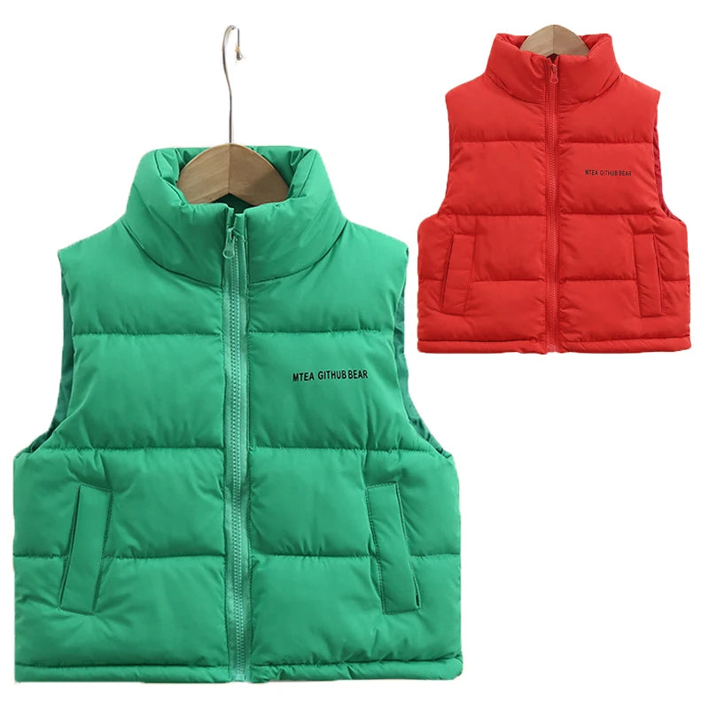 3-14 Years Winter Boys Girls Vest Fashion Letter High Neck Design Thick Keep Warm Waistcoat For Kids Children Down Coat