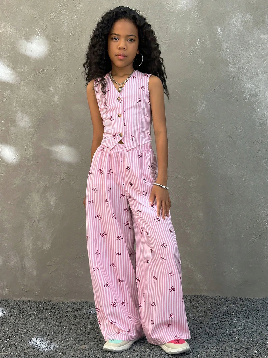 Kids Girls 2 Piece Pink Stripe Bow Print Vest & Wide Leg Pants Set Cute Preppy Style Outfit