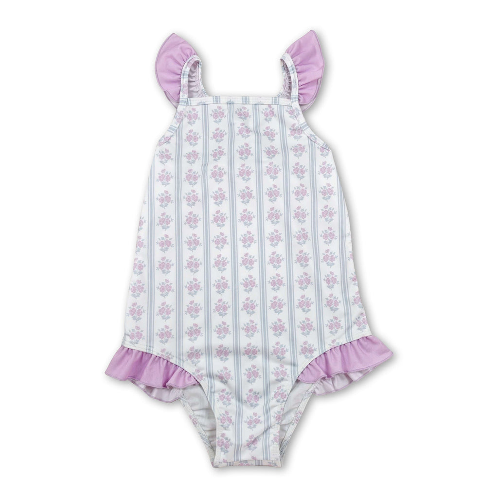 Flutter sleeves floral stripe baby girls one piece swimsuit