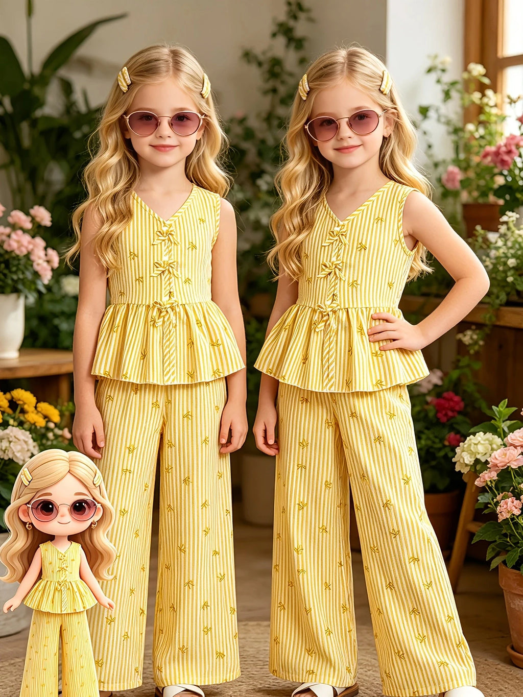 Kids Girls 2-Piece Summer Outfit, Yellow Vertical Stripe Bow Print V Neck Sleeveless Peplum Top & High Waist Wide Leg Pants Casu