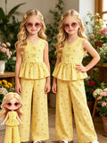 Kids Girls 2-Piece Summer Outfit, Yellow Vertical Stripe Bow Print V Neck Sleeveless Peplum Top & High Waist Wide Leg Pants Casu