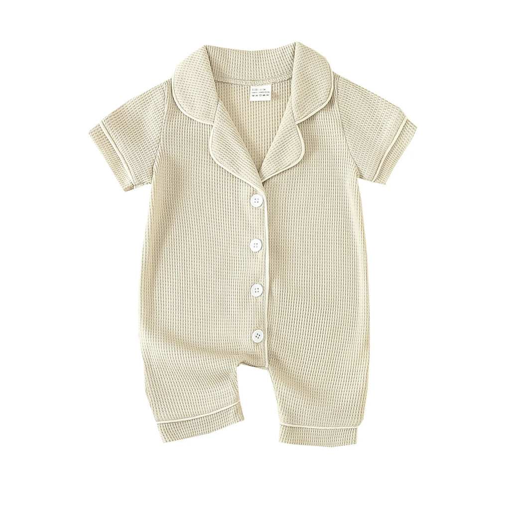 Soft Cotton Baby Girls Boys Romper Pajama Sleepwear Short Sleeve Contrast Trim Button Down Waffle Jumpsuit Infant Kids Clothes