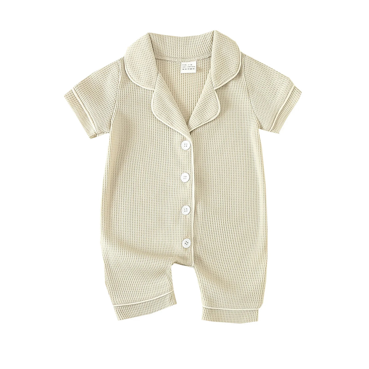 Soft Cotton Baby Girls Boys Romper Pajama Sleepwear Short Sleeve Contrast Trim Button Down Waffle Jumpsuit Infant Kids Clothes