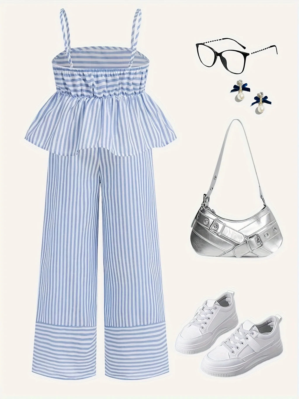 Kids Girls Two Piece Summer Clothes, Striped Ruffle Camisole Top + Loose Wide Leg Pants Outdoor Holiday Daily Wear
