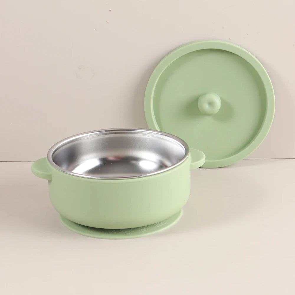 300ml Baby Training Bowl with Lid, 300ML 2-in-1 Stainless Steel & Silicone Feeding Set, Unbreakable Weaning Bowl