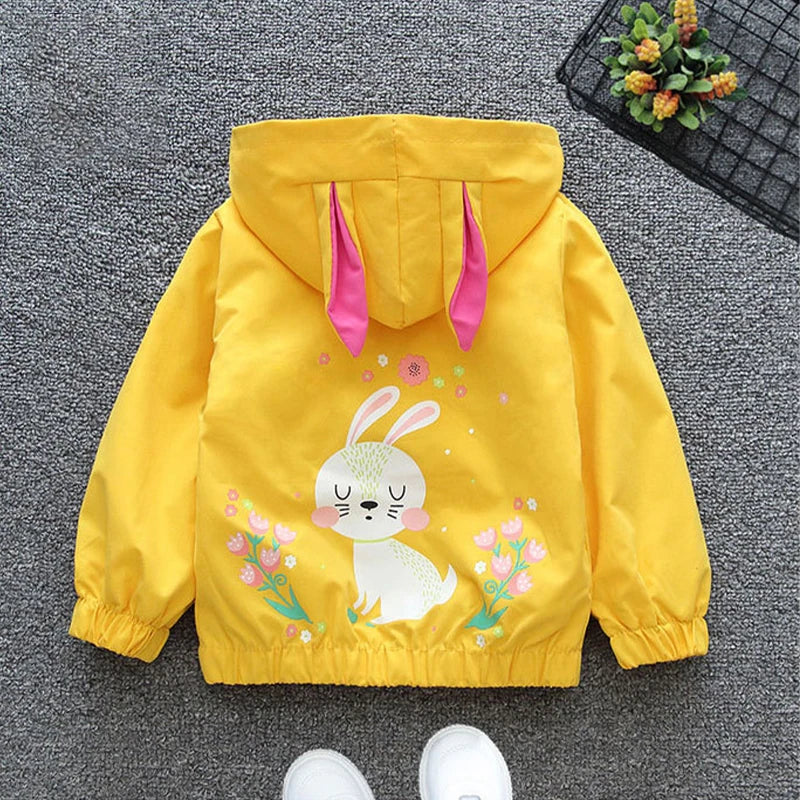 Children Spring Cartoon Jacket Girls Cute Rabbit Ears Pattern Casual Coat Autumn Fashion Hooded Short Outerwear for 1-6 Years