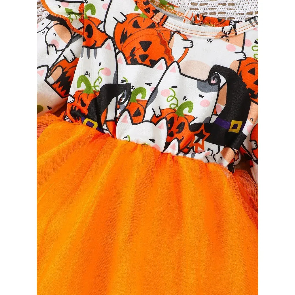 0-3 Years Baby Girl Halloween Dress Long Sleeve Cute Kitten Pumpkin Print Mesh Dress Vacation Toddler Girl Party Costumes