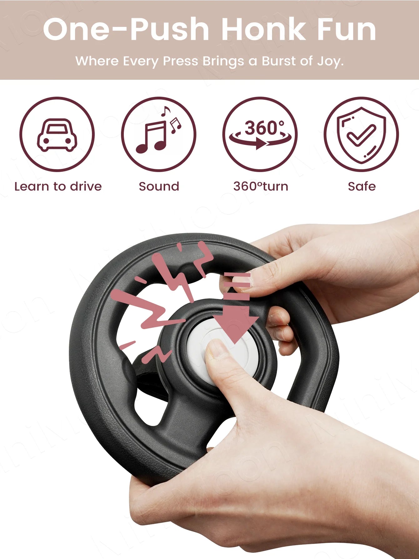 Stroller Steering Wheel with Honk Sound & 360° Rotation, Baby Travel Toy to Calm Fussy Riders
