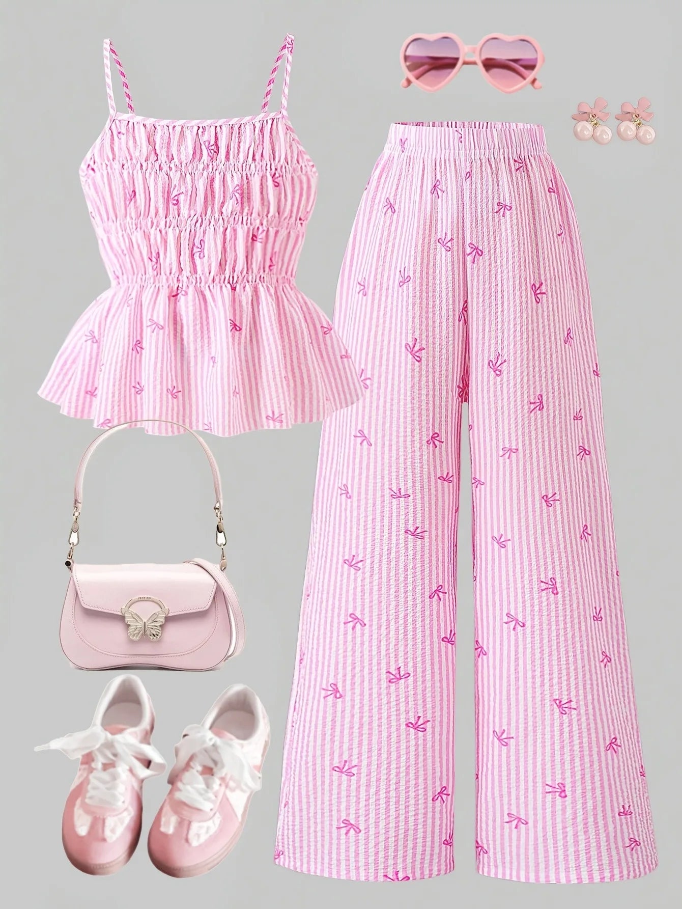 Kids Girls Two Piece Summer Clothes, Bow Striped Smocked Camisole + Breathable Wide Leg Pants Daily Holiday Outfit