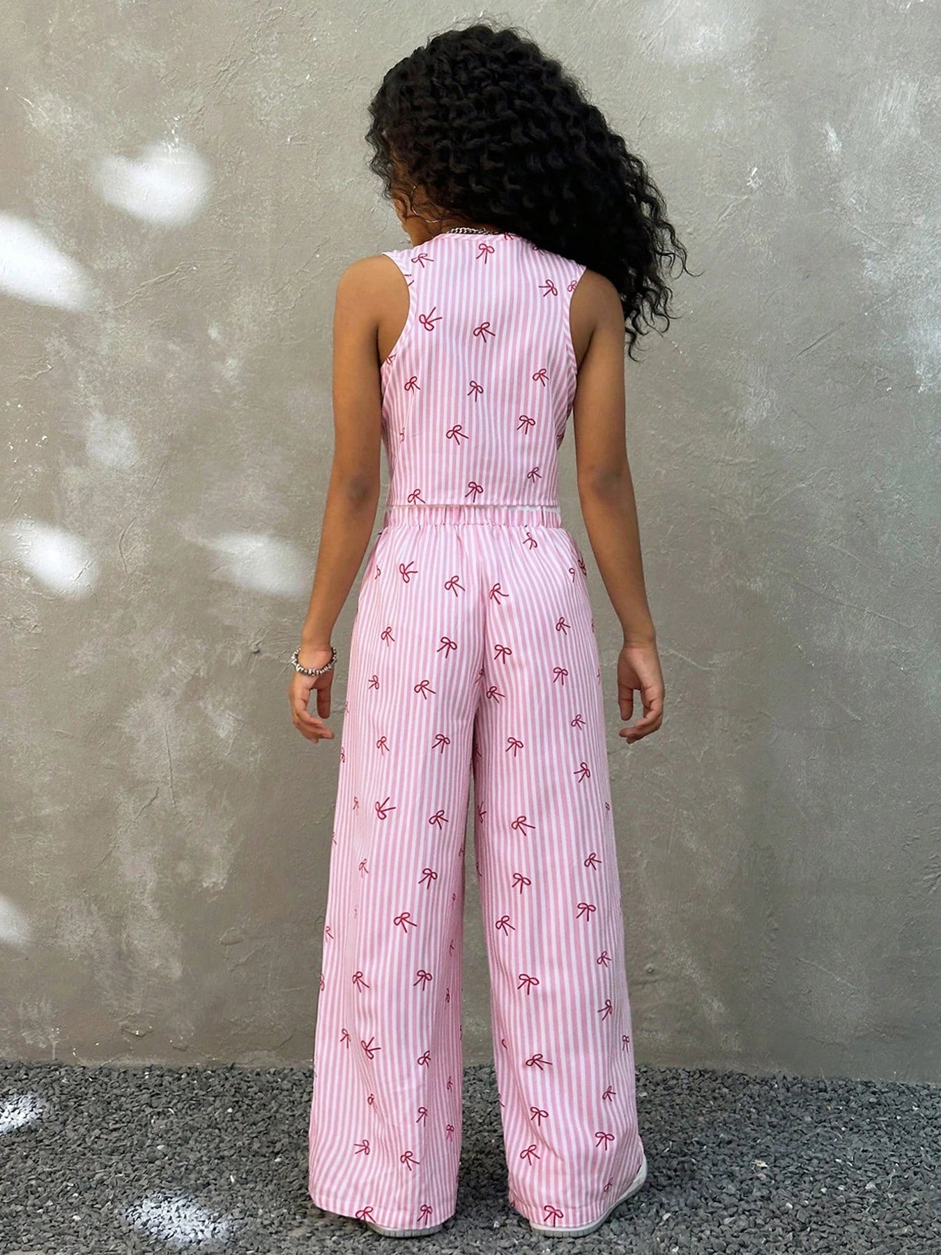 Kids Girls 2 Piece Pink Stripe Bow Print Vest & Wide Leg Pants Set Cute Preppy Style Outfit