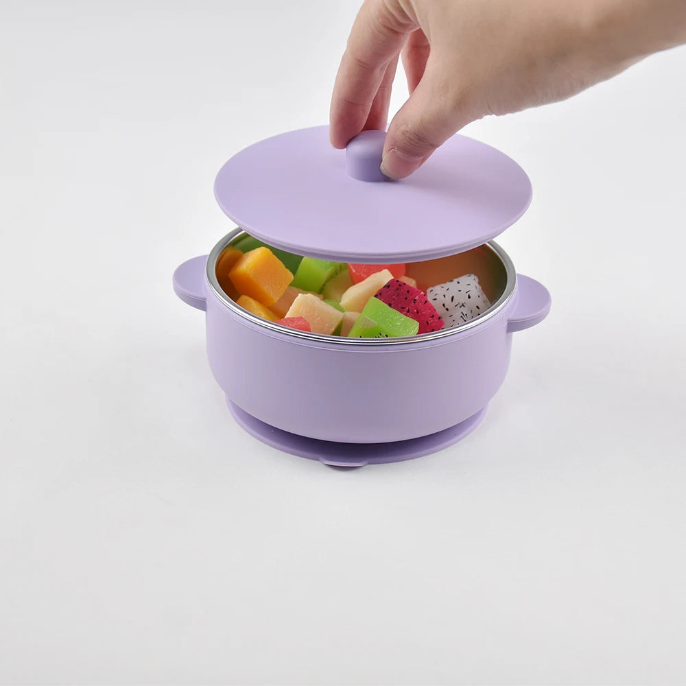 300ml Baby Training Bowl with Lid, 300ML 2-in-1 Stainless Steel & Silicone Feeding Set, Unbreakable Weaning Bowl
