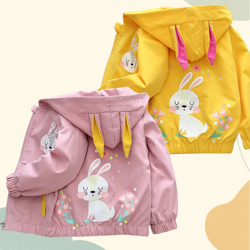 Children Spring Cartoon Jacket Girls Cute Rabbit Ears Pattern Casual Coat Autumn Fashion Hooded Short Outerwear for 1-6 Years