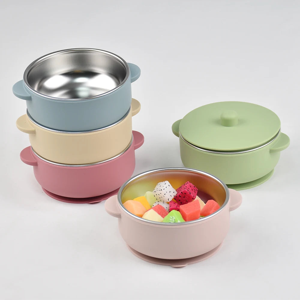 300ml Baby Training Bowl with Lid, 300ML 2-in-1 Stainless Steel & Silicone Feeding Set, Unbreakable Weaning Bowl