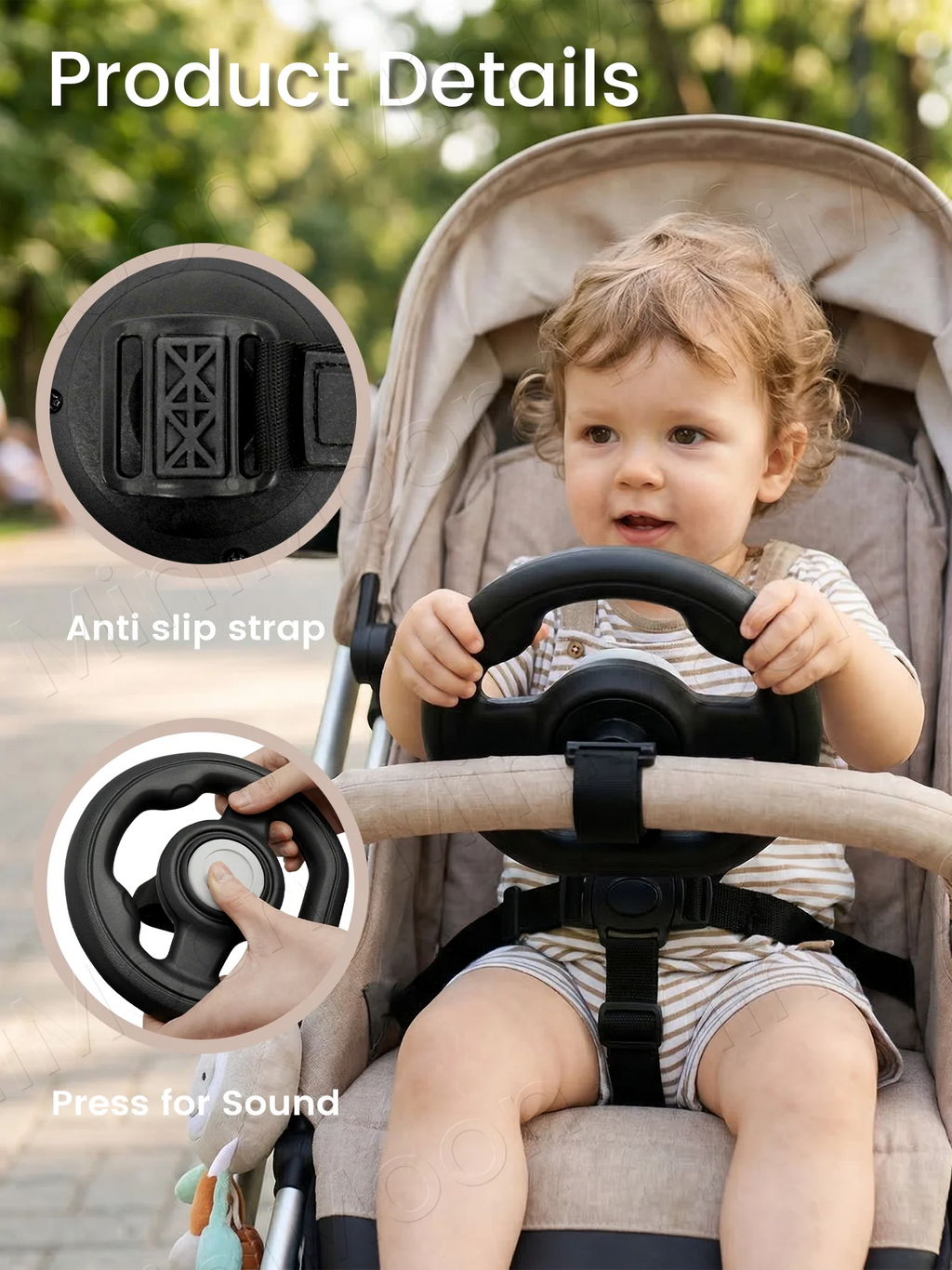 Stroller Steering Wheel with Honk Sound & 360° Rotation, Baby Travel Toy to Calm Fussy Riders
