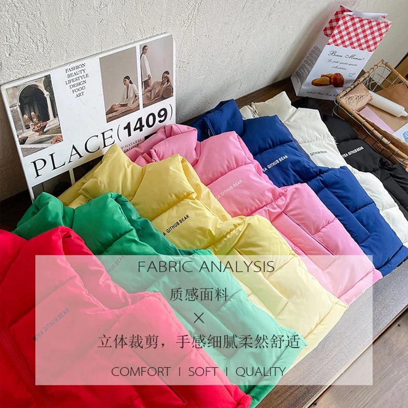 3-14 Years Winter Boys Girls Vest Fashion Letter High Neck Design Thick Keep Warm Waistcoat For Kids Children Down Coat
