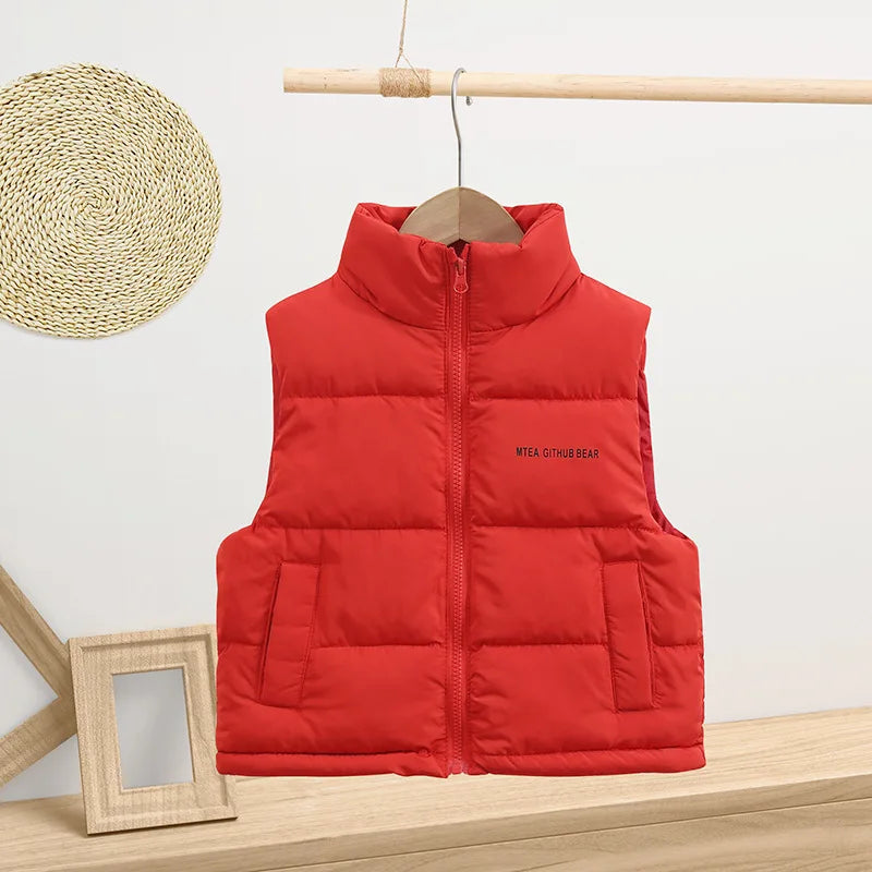 3-14 Years Winter Boys Girls Vest Fashion Letter High Neck Design Thick Keep Warm Waistcoat For Kids Children Down Coat