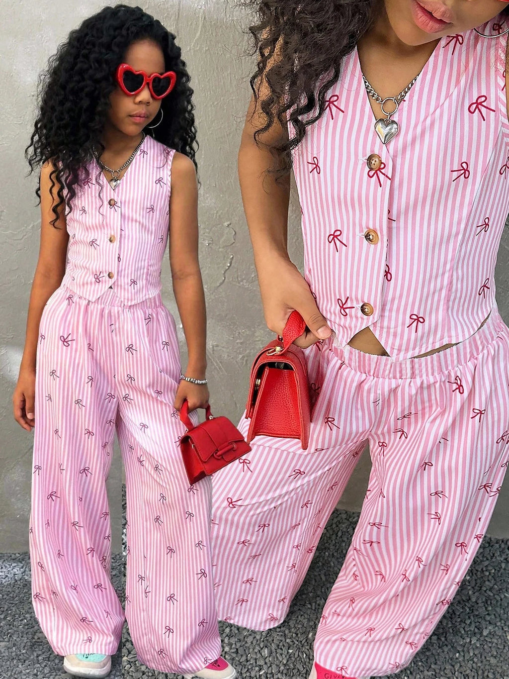 Kids Girls 2 Piece Pink Stripe Bow Print Vest & Wide Leg Pants Set Cute Preppy Style Outfit