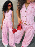 Kids Girls 2 Piece Pink Stripe Bow Print Vest & Wide Leg Pants Set Cute Preppy Style Outfit