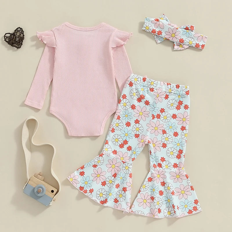 2024-05-27 Lioraitiin Baby Girl Fall Outfit, Ruffle Ribbed Long Sleeve Romper Flower Flare Pants Tie Bow 3 Piece Set