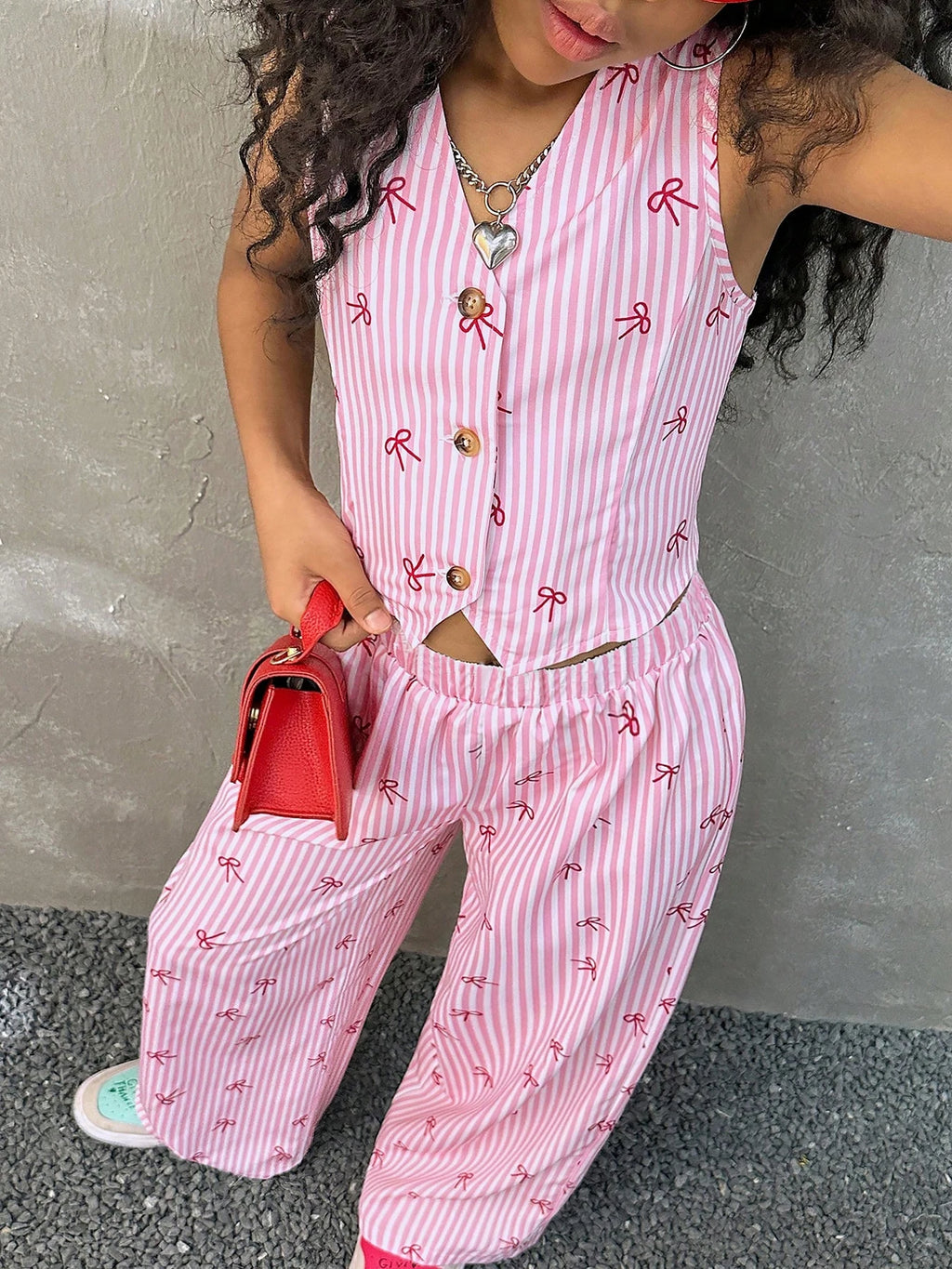 Kids Girls 2 Piece Pink Stripe Bow Print Vest & Wide Leg Pants Set Cute Preppy Style Outfit