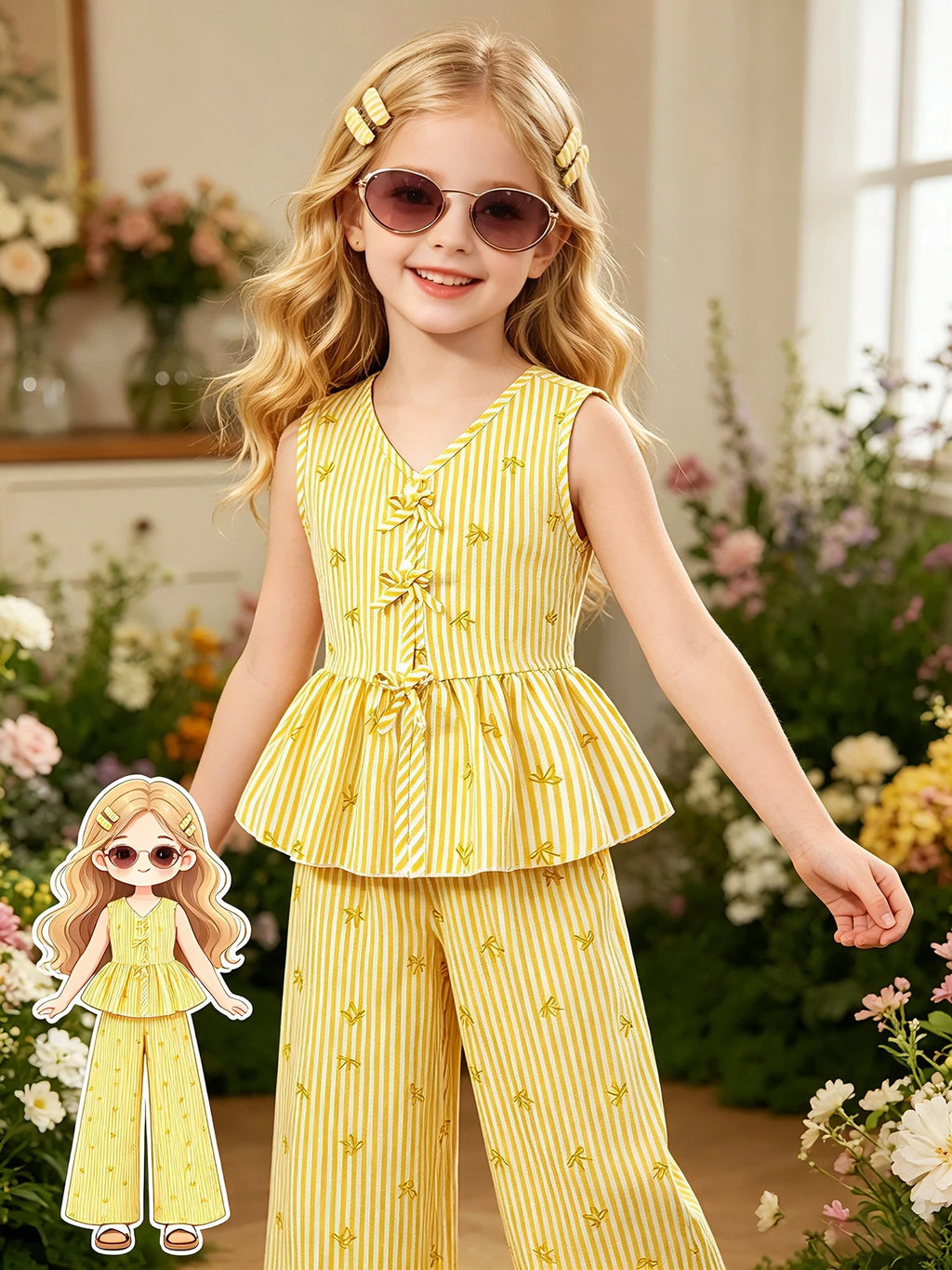 Kids Girls 2-Piece Summer Outfit, Yellow Vertical Stripe Bow Print V Neck Sleeveless Peplum Top & High Waist Wide Leg Pants Casu
