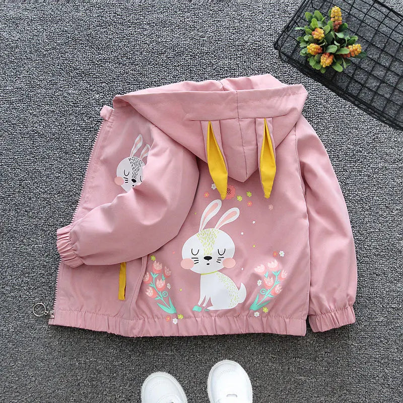 Children Spring Cartoon Jacket Girls Cute Rabbit Ears Pattern Casual Coat Autumn Fashion Hooded Short Outerwear for 1-6 Years