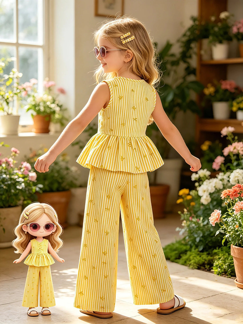 Kids Girls 2-Piece Summer Outfit, Yellow Vertical Stripe Bow Print V Neck Sleeveless Peplum Top & High Waist Wide Leg Pants Casu