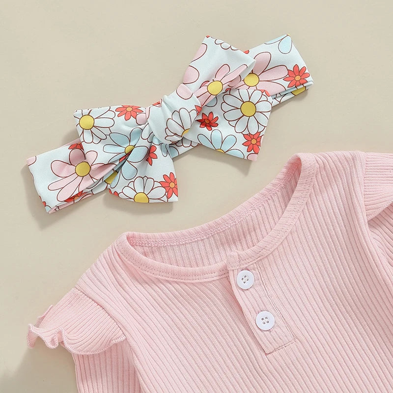 2024-05-27 Lioraitiin Baby Girl Fall Outfit, Ruffle Ribbed Long Sleeve Romper Flower Flare Pants Tie Bow 3 Piece Set