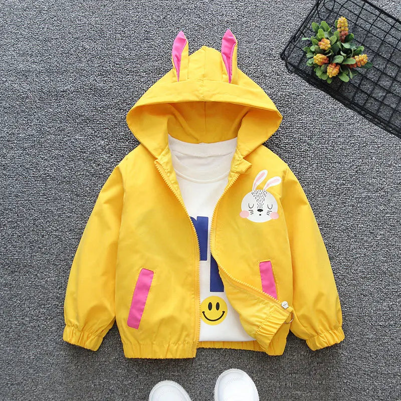 Children Spring Cartoon Jacket Girls Cute Rabbit Ears Pattern Casual Coat Autumn Fashion Hooded Short Outerwear for 1-6 Years
