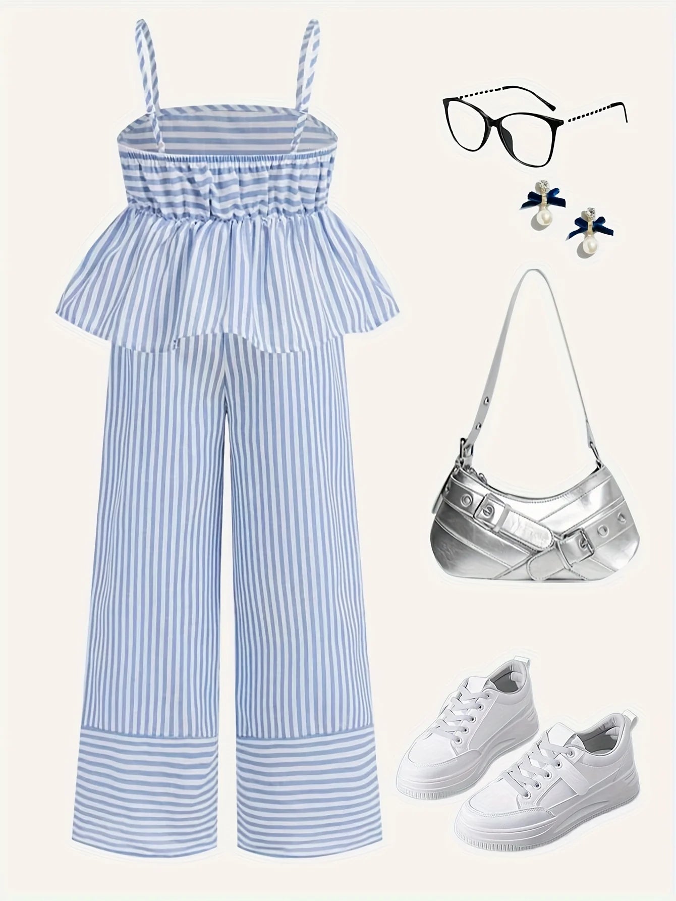 Girls' Summer Early Autumn Casual Outfit Children's Striped Set Girls' Camisole Top + Wide-Leg Pants Two-Piece Set Blue Fresh Versatile Suitable for 5-13 Year Old Kids Home and Outdoor Wear Versatile Clothing