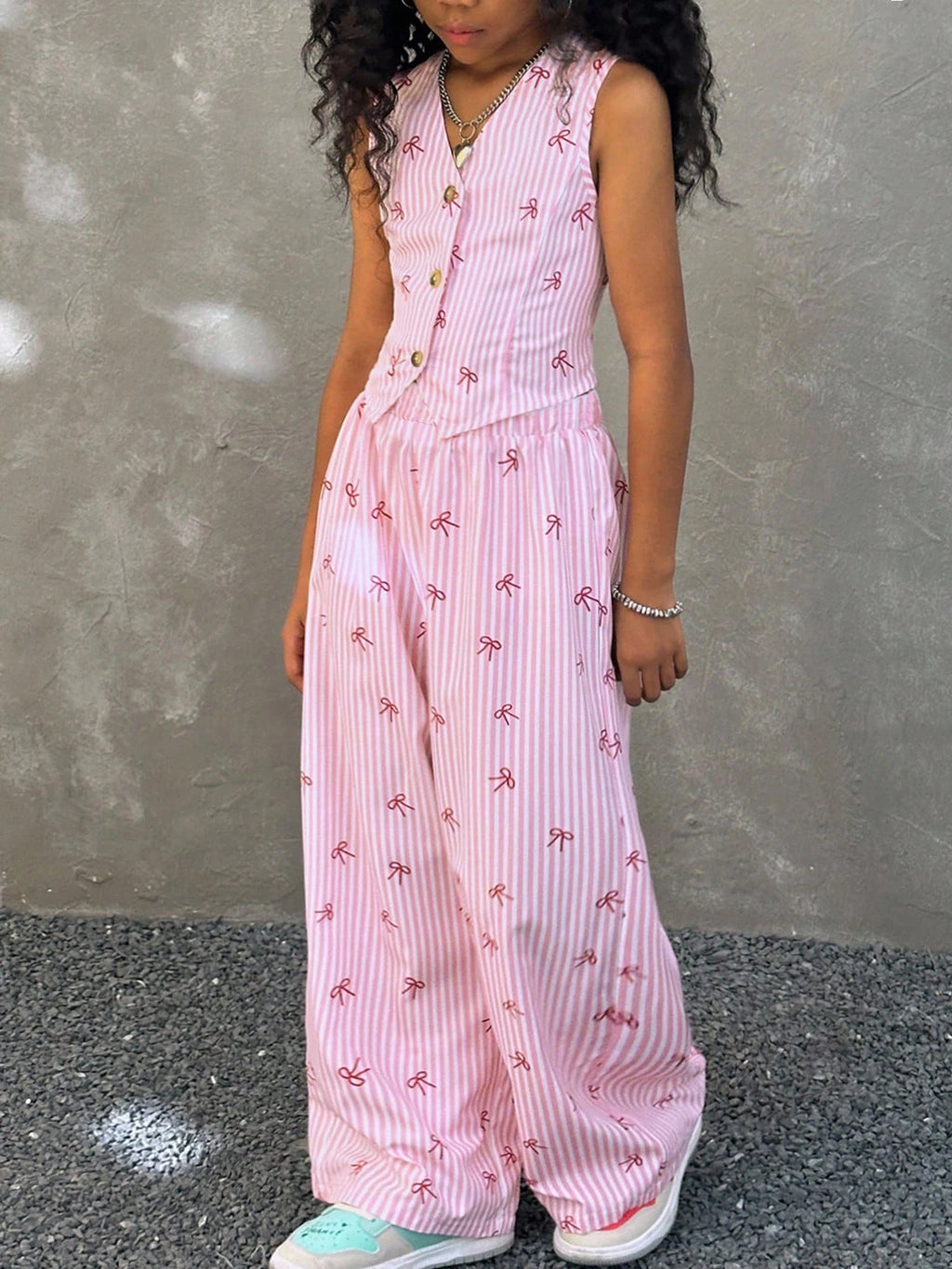 Kids Girls 2 Piece Pink Stripe Bow Print Vest & Wide Leg Pants Set Cute Preppy Style Outfit