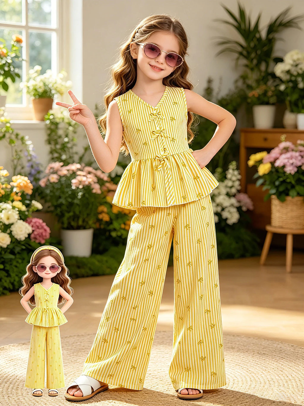 Kids Girls 2-Piece Summer Outfit, Yellow Vertical Stripe Bow Print V Neck Sleeveless Peplum Top & High Waist Wide Leg Pants Casu