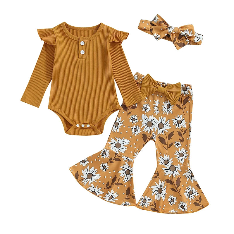 2024-05-27 Lioraitiin Baby Girl Fall Outfit, Ruffle Ribbed Long Sleeve Romper Flower Flare Pants Tie Bow 3 Piece Set