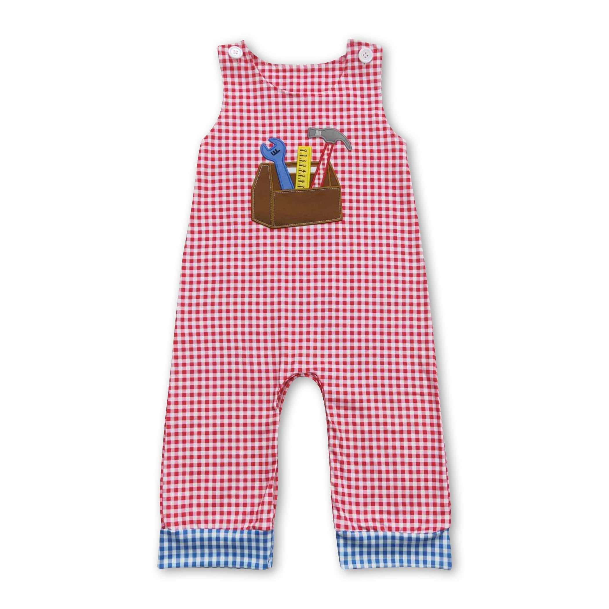 Sleeveless red plaid tool baby boys romper
